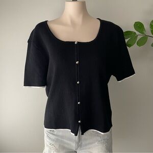 Cider Ribbed Short Sleeve Button Down Cardigan Sweater Black White Plus Size 2XL